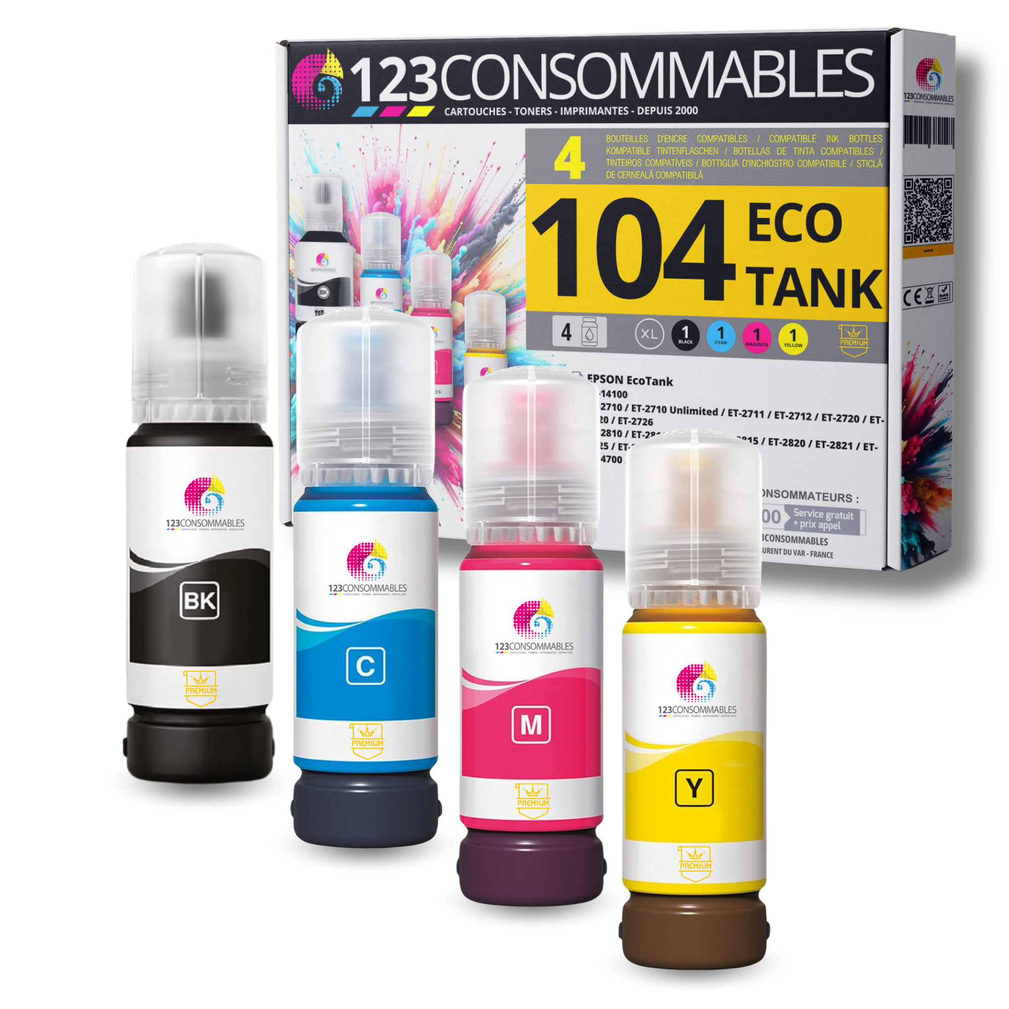 Pack compatible avec EPSON 104 ECOTANK, 4 bouteilles d'encre